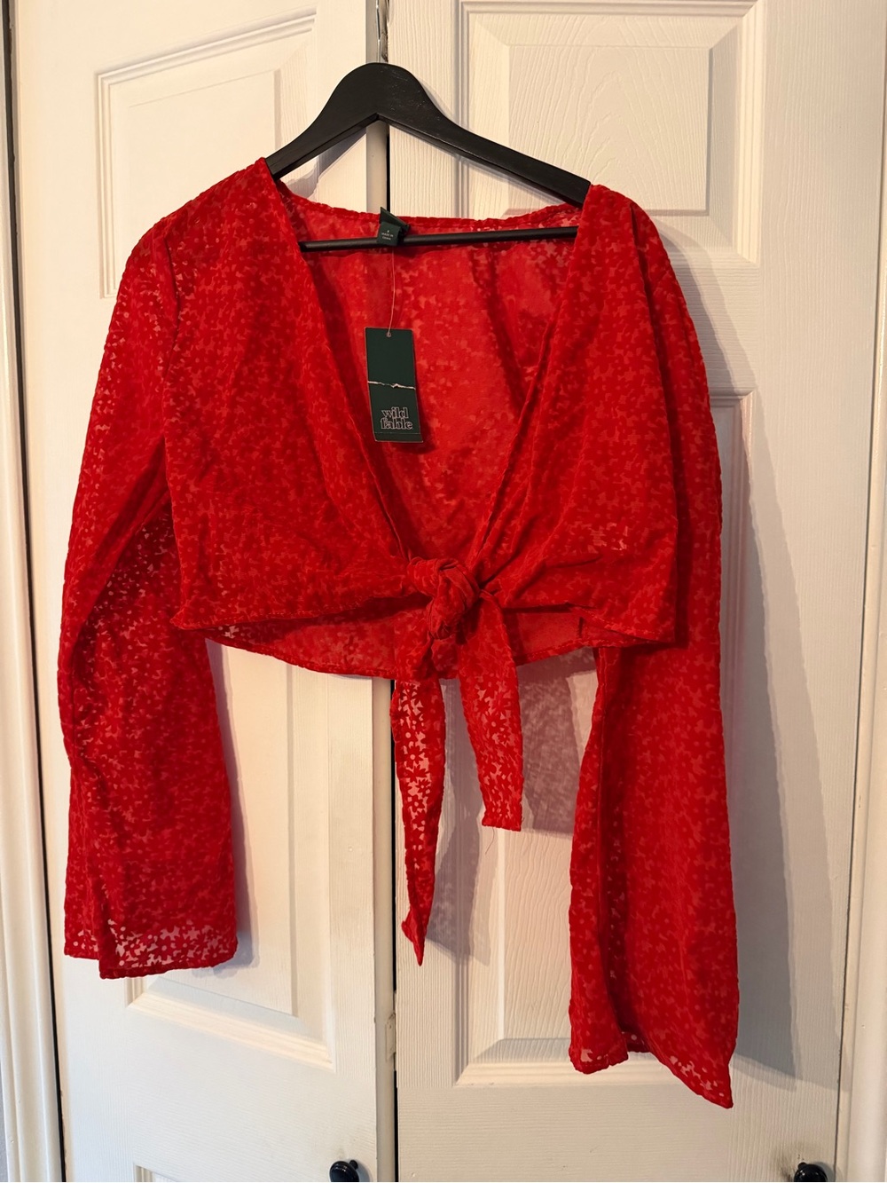 wild fable Red Sheer Tie-Front Long Sleeve Crop Top